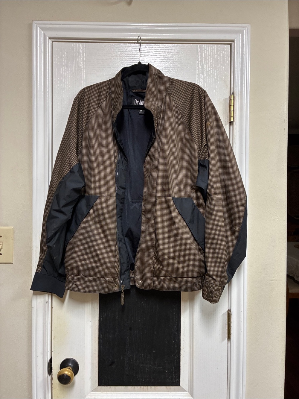 Drakes Brown Houndstooth Lightweight Jacket with Black Panels